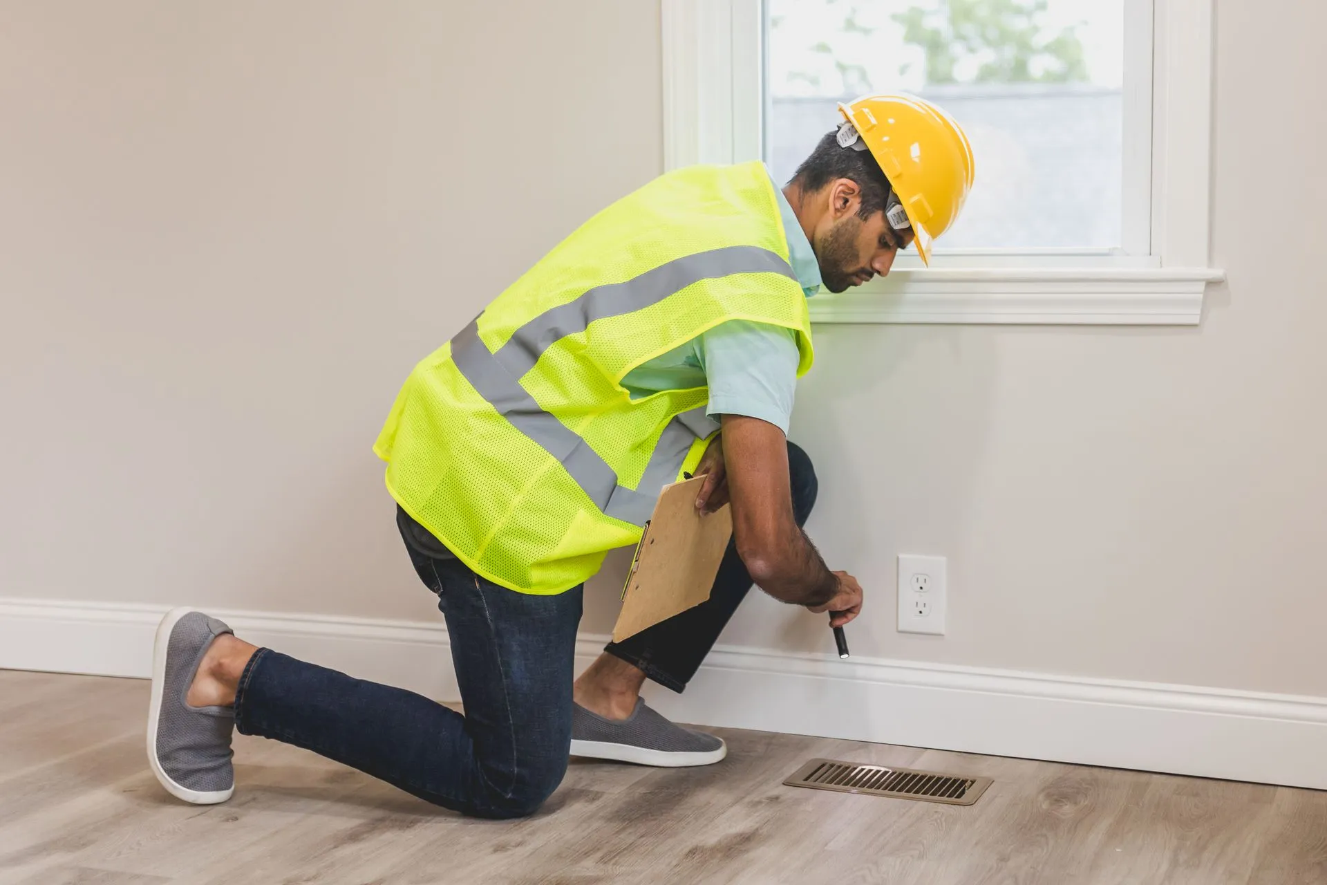 Inspector checking the floor-wall joint, a common radon entry point