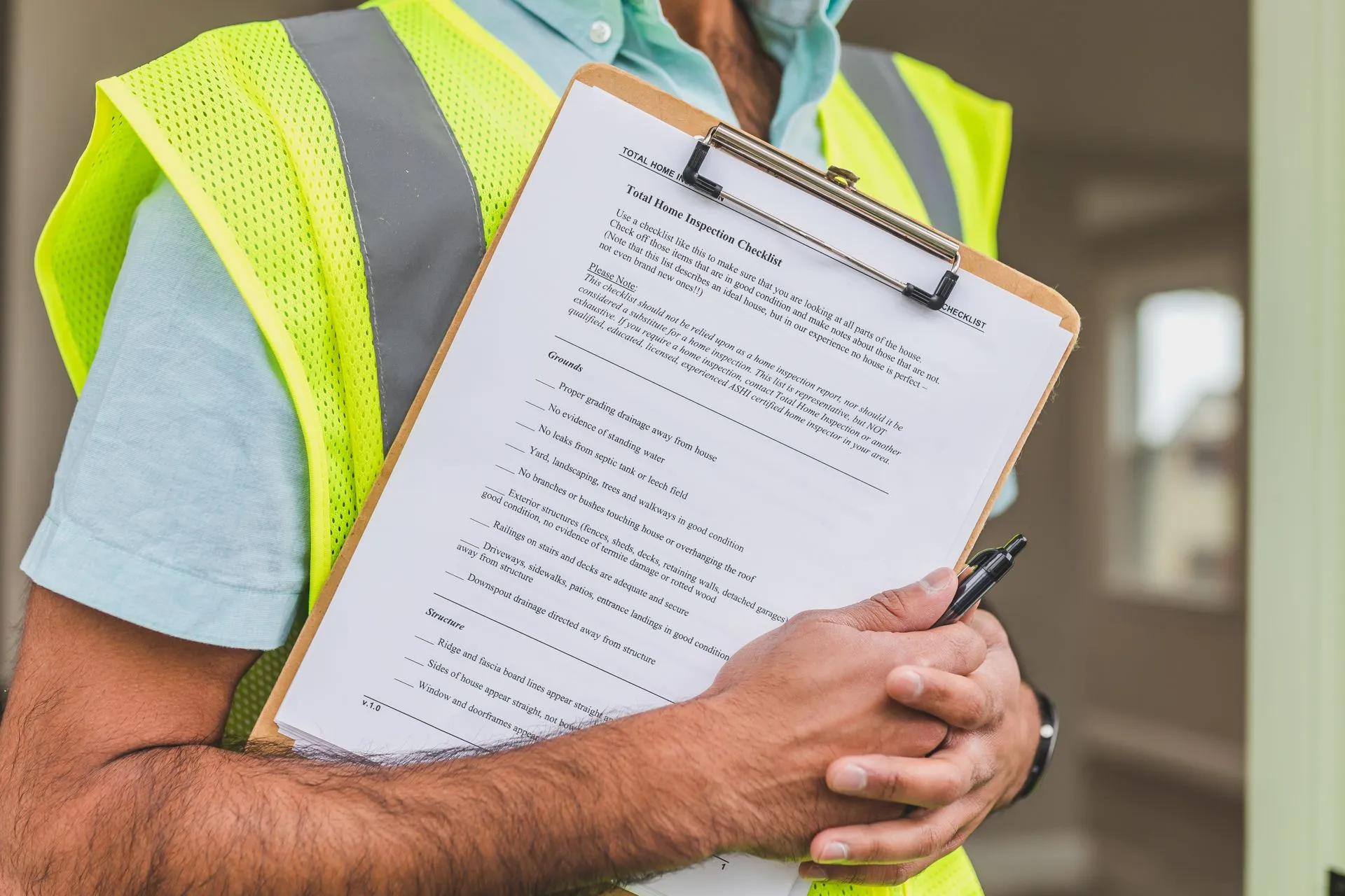 Inspector holding a checklist and pen during a home visit